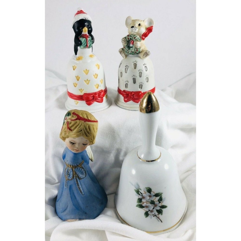 Lot 4 Vintage Christmas Porcelain Bells. Angel, mouse, penguin, flower
